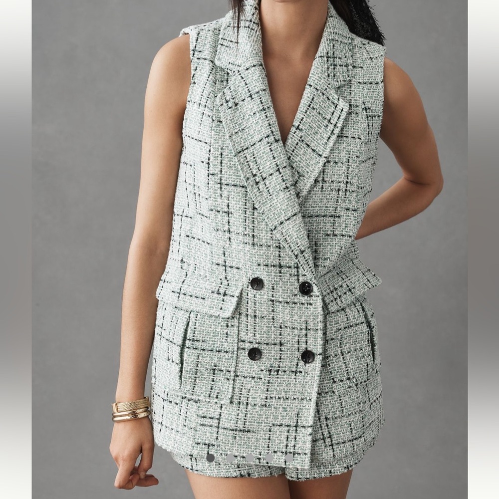 ANTHRO Tweed Vest Green Plaid Sleeveless Blazer Button Up Front Pockets Lined - Picture 2 of 10